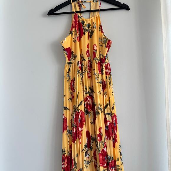 Abercrombie & Fitch Pleated Halter Maxi Dress Yellow Floral Empire Waist XS - Picture 1 of 5